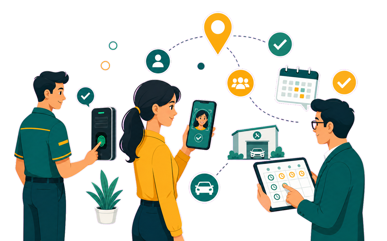 RollPay attendance mobile swipe and biometric illustration