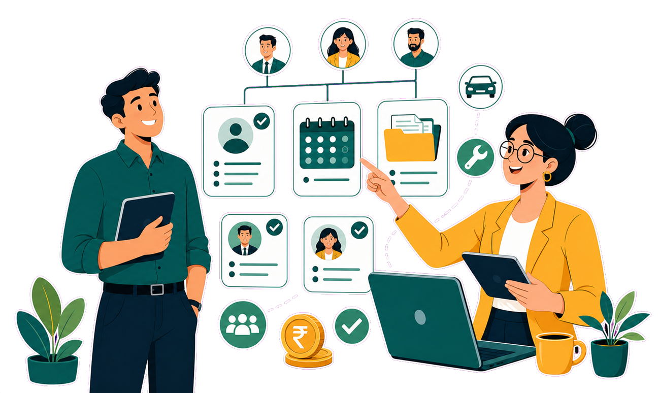 RollPay automobile dealer HRMS workforce modules illustration